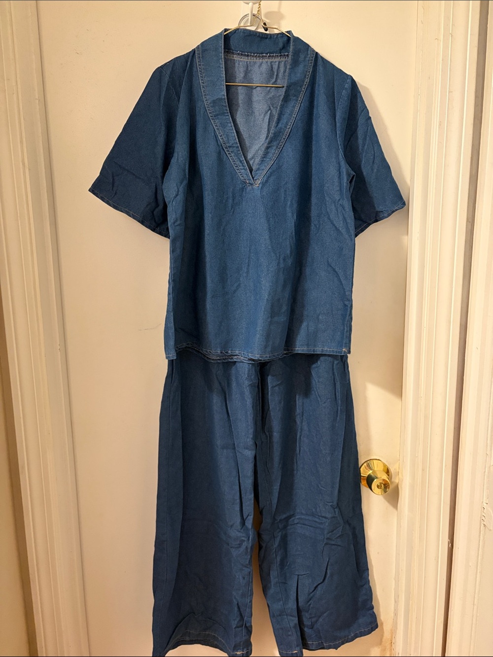 Blue Denim V-Neck Jumpsuit - Casual Wide-Leg